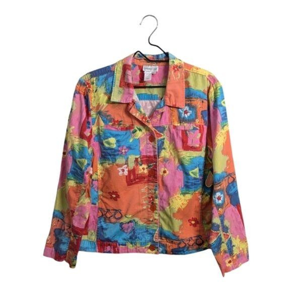 Coldwater Creek Cotton Jacket Multicolor Graffiti Artsy Collared Button Front L - Picture 1 of 10